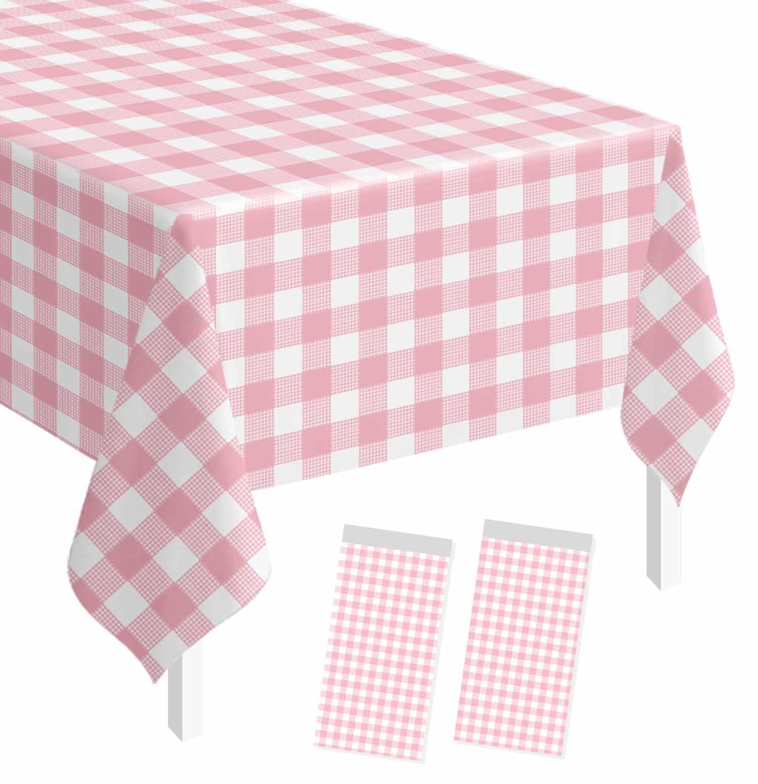 SietDESEO 2 Pack Light Pink Gingham Tablecloth Rectangle 54 x 108 Pink and White Checkered Table Cloth Disposable Plaid Table Cover Plastic for