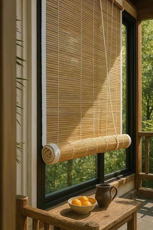 Image of BambooAura Natural Bamboo Roll-Up Window Shade Blind | Light Filtering Bamboo Chick Curtain | Eco-Friendly Sun Protection for Balcony, Patio, Office (4ft x 7ft - W x H)