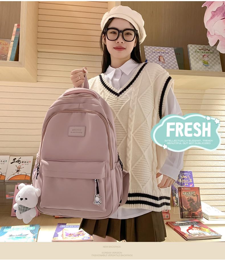 Kawaii Backpack With Cute Accessories Multi Layer Nylon Shoulder Crossbody Backpack (PINK)3