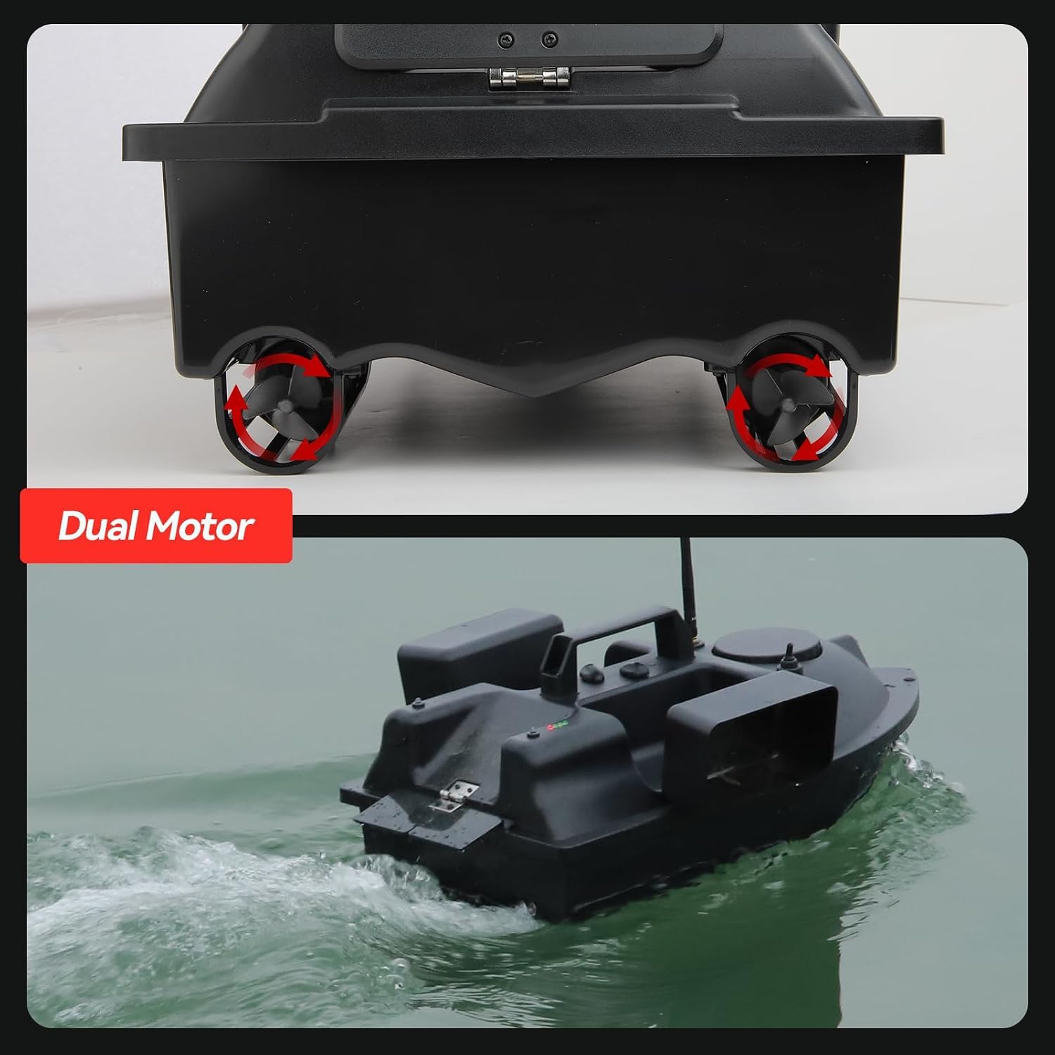 Barco de Cebo RC con GPS y Mando a Distancia de 500m, Doble Motor, Capacidad de Carga 2kg, Control de Crucero, Luces LED, 3 Tolvas, Pantalla LCD, Bolsa de Transporte, Casco ABS, 99 Puntos de Ruta