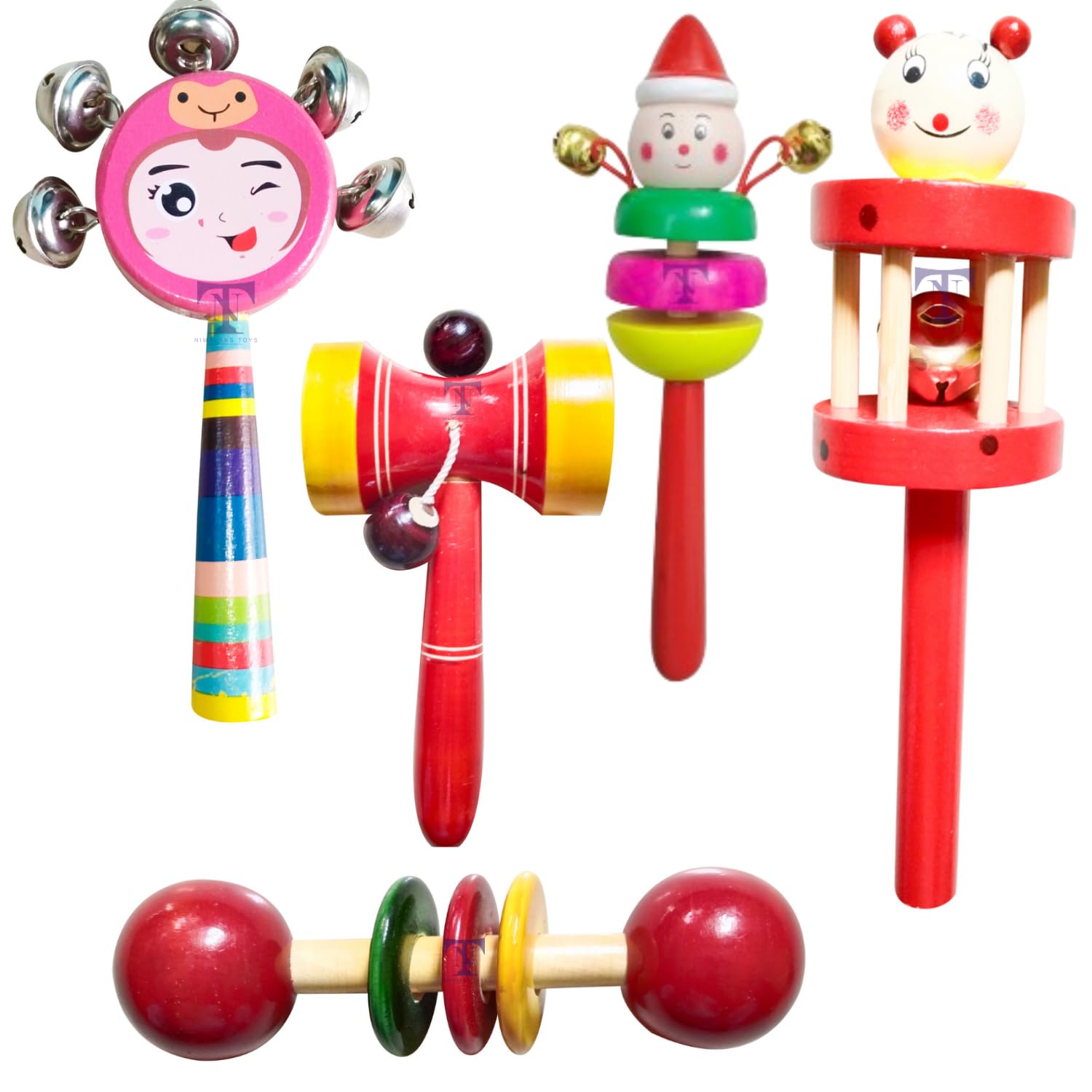 NIMALANS TOYS Toddler Colourful Wooden Baby Rattle Toy-Hand Crafted Rattle Set For Kids-Musical Toy For Newly Born-Pack Of 5(Cage, Face, 2Bell, Dumurga, Teether Spl) (B0CHP6QQ1V) Amazon Price History, Amazon Price Tracker