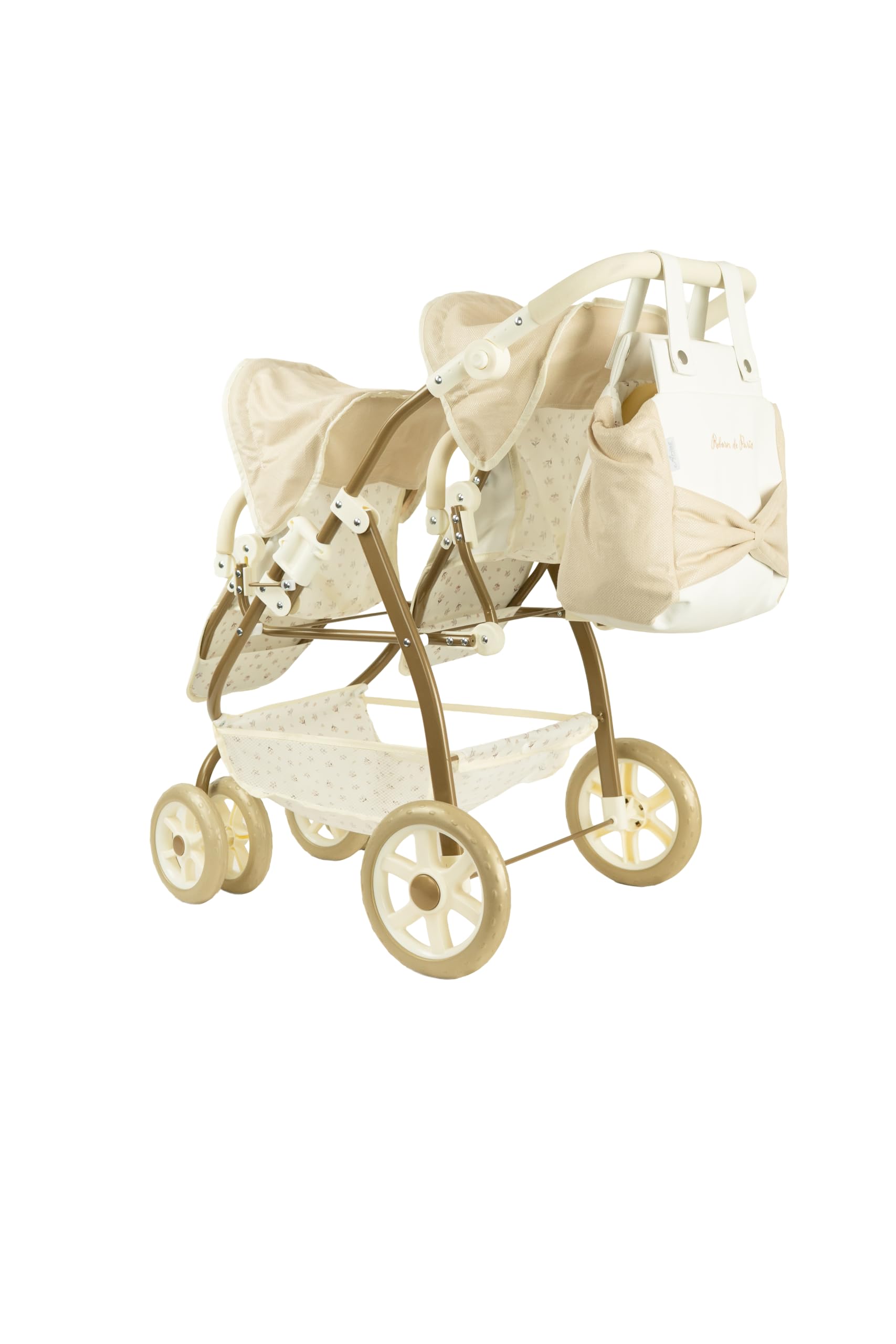 Coche Gemelar para Muñecos Reborn de París, Carrito con Bolso, 45x70x73 cm, Altura Manillar 47-77 cm, +3 Años