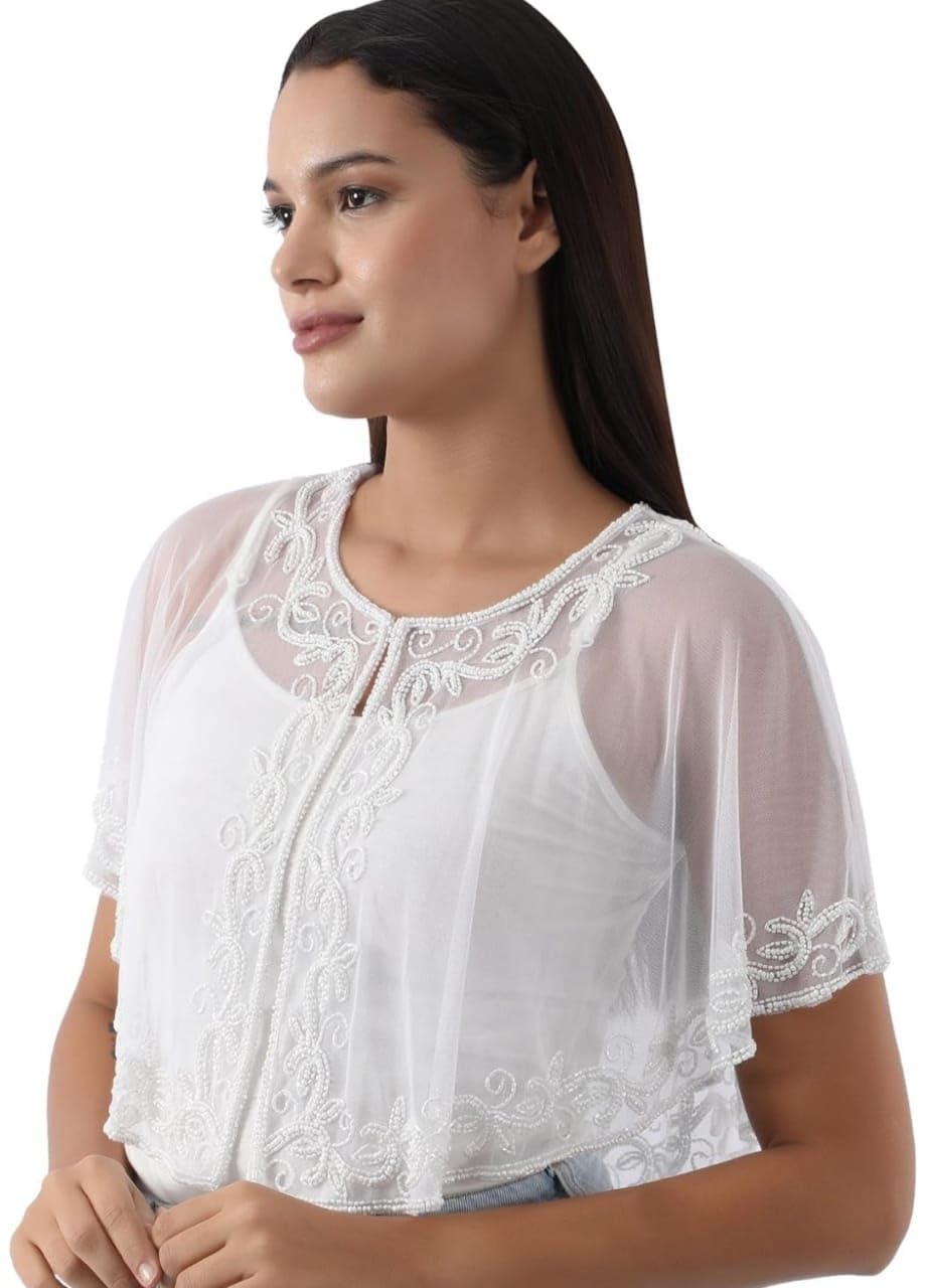 King Fashion Women's Net Hand Bead Stylist Poncho Shurgs Cape Style Silver Mix (White Flower)-image-27