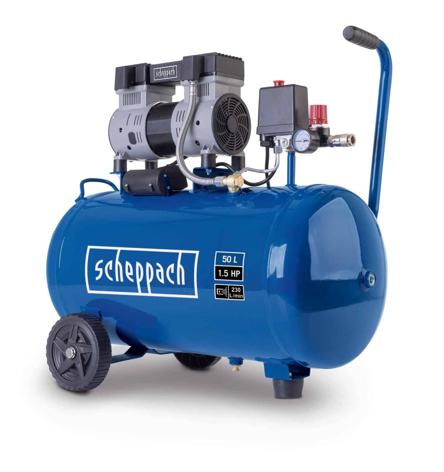 Scheppach Super Silent Doppelzylinder Kompressor HC52Si | Arbeitsdruck 8 bar | Kesselvolumen 50 L | Leistung 1100 W, 230 V~ / 50 Hz | Ansaugleistung 230 L/min | Ölfrei