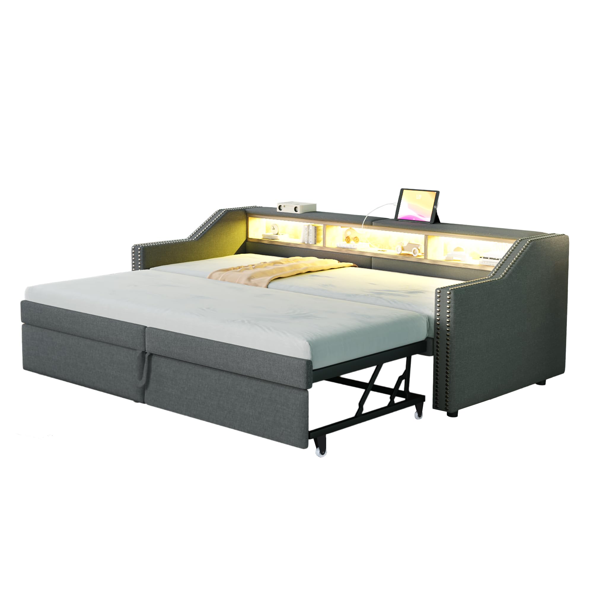 Polsterbett Ausziehbares Bett 90/180x200, Tagesbett Schlafsofa mit LED Licht&USB-Buchse&Staufach, Einzelbett Doppelbett Funktionsbett Bettgestell mit Lattenrost, Leinen, Ohne Matratze, Dunkelgrau