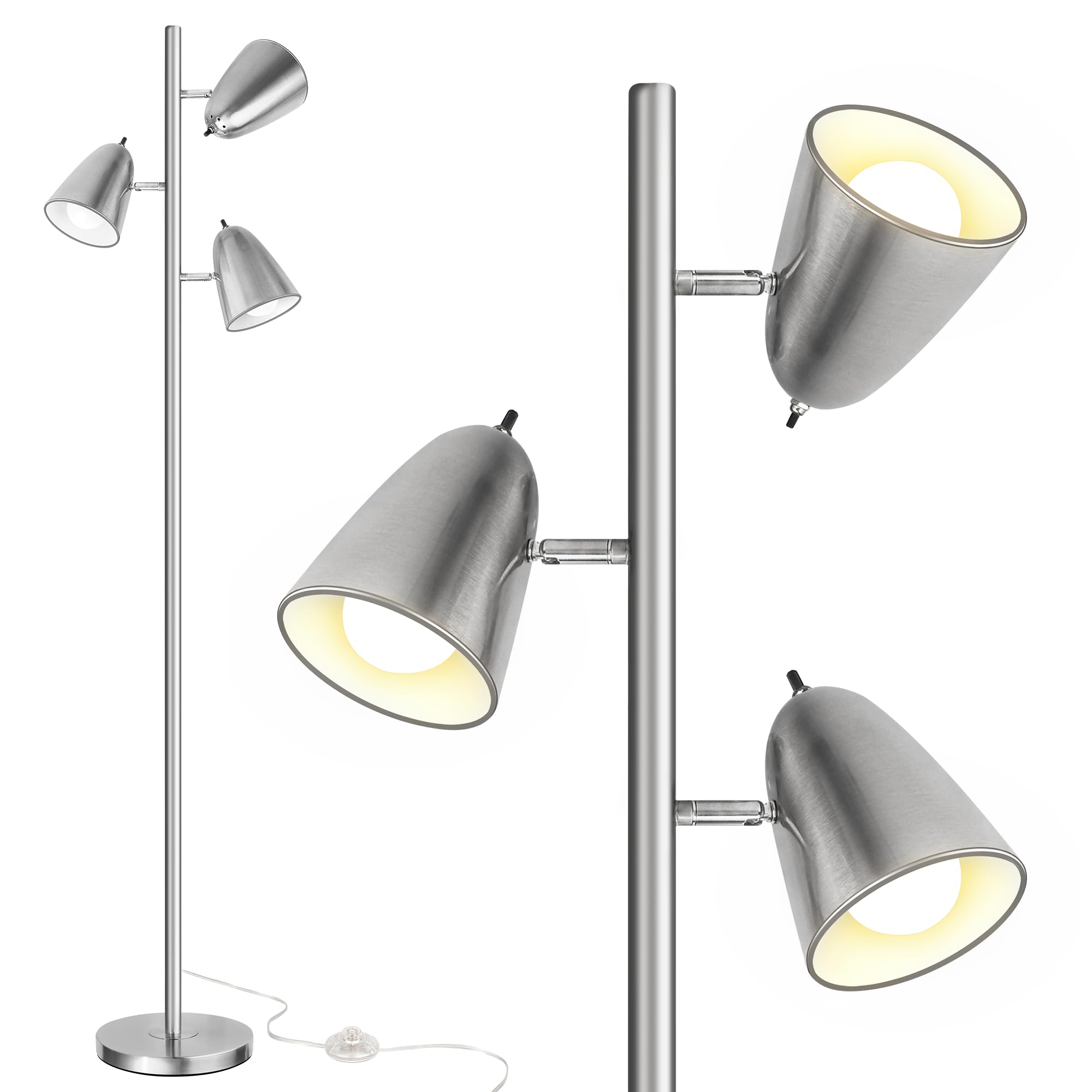 QiMH Tree Floor Lamp with 3 Light Bulbs, Standing Tall Pole Lamps for Living Room Bedroom Office, Reading Stand up Lamps with 3 Adjustable Arms,Brushed Nickel
