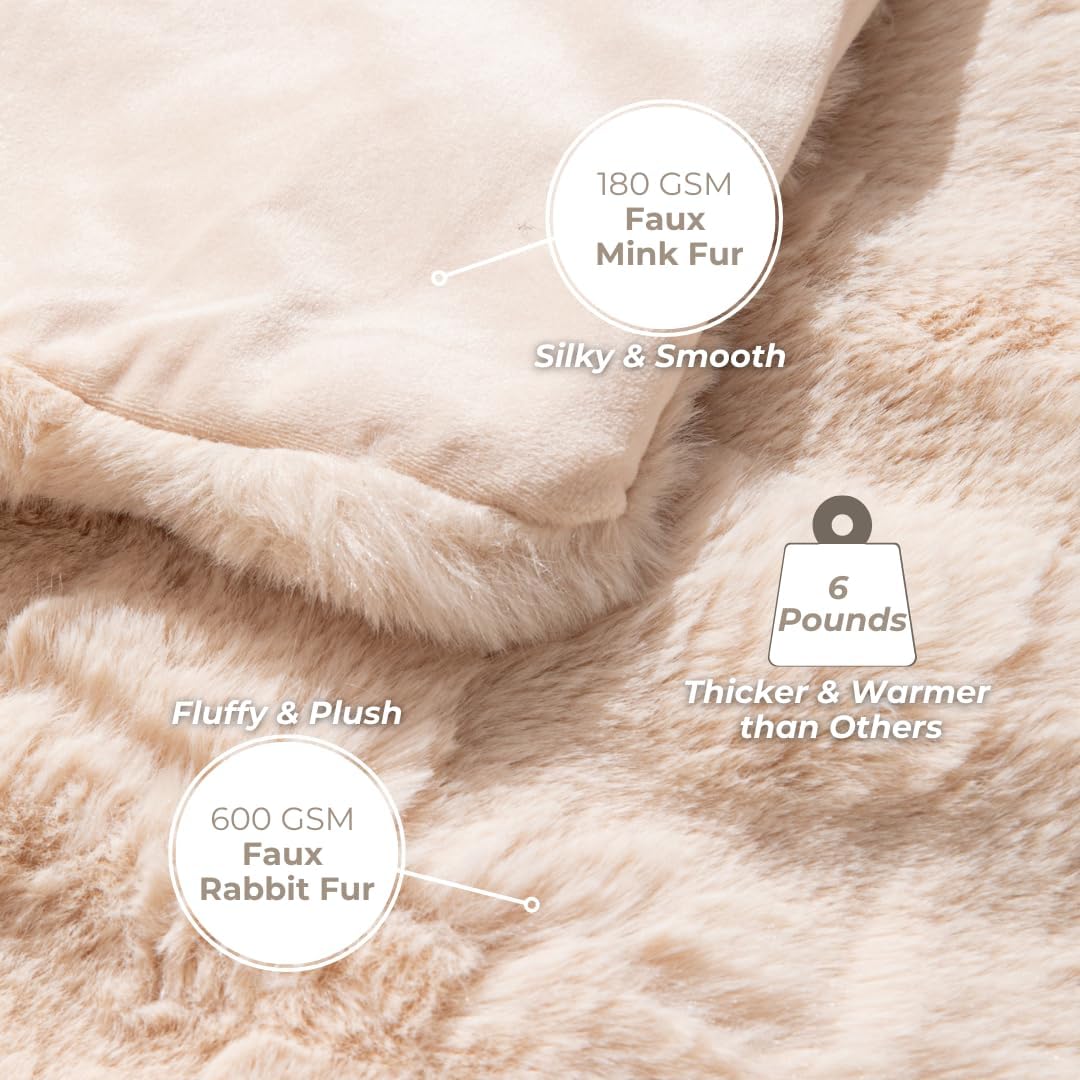 The Southampton Blanket - Faux Fur Basketweave Throw Blanket 60"x70" Shoreline Beige - Luxuriously Soft Cozy Warm Gift for Women, Plush Silky Fuzzy Heavyweight Reversible Design Home Decor