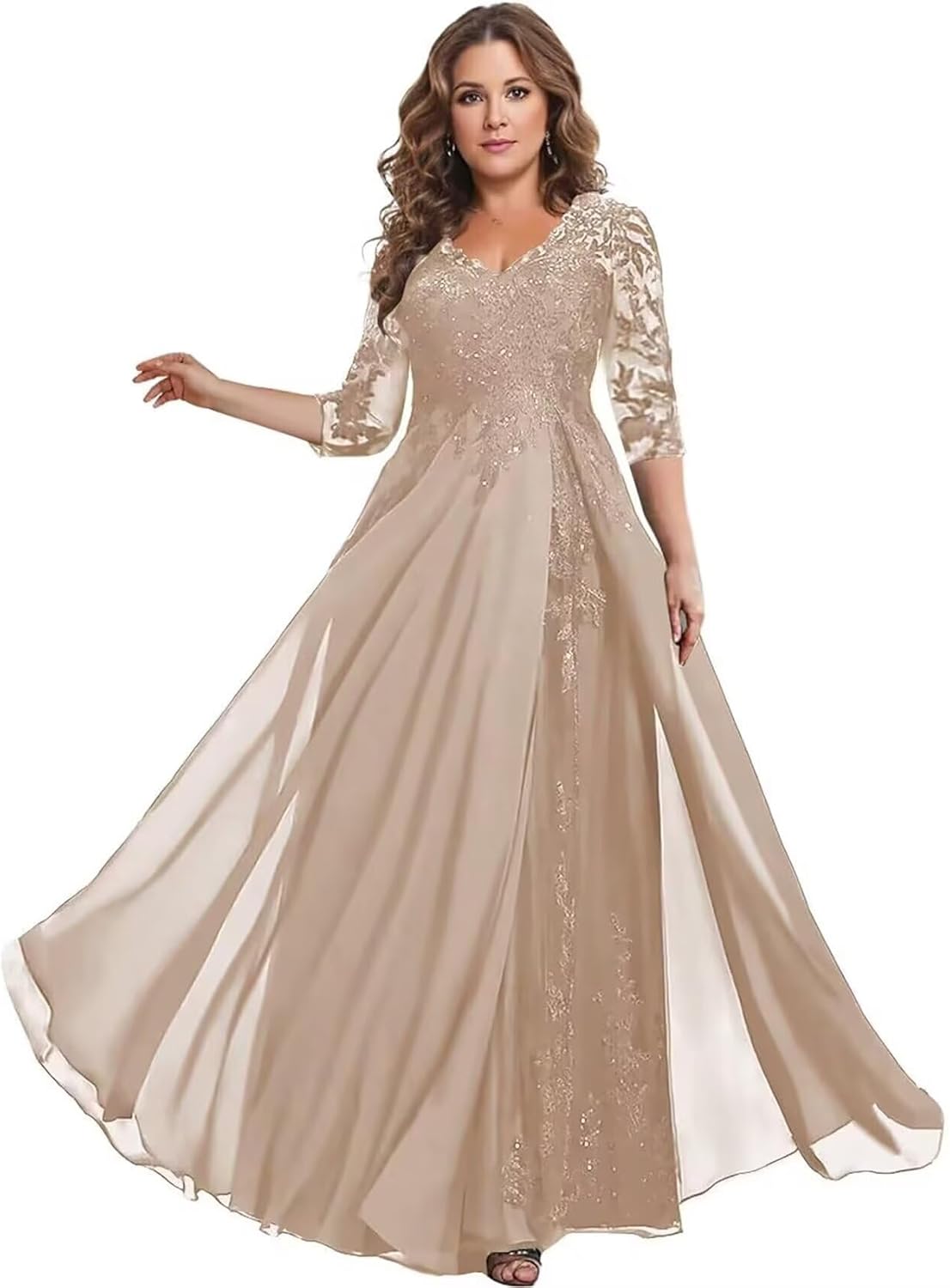 Lace Chiffon Mother of The Bride Dress Sequin 3/4 Sleeve Formal Evening Dress