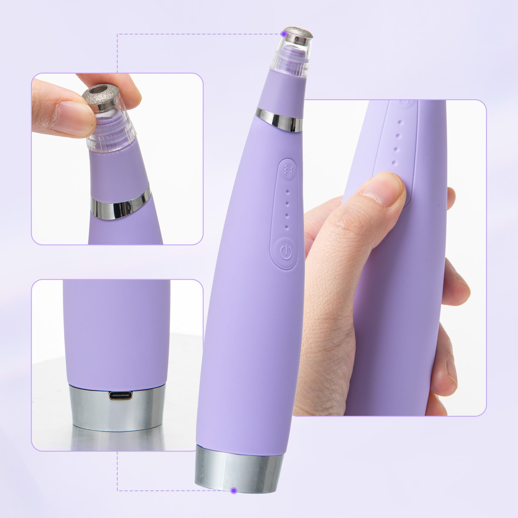UNOISETION Máquina de microdermoabrasión de diamante, 4 modos de microdermoabrasión de diamante, 2 puntas de diamante, 3 cabezales, removedor de manchas de puntos negros (morado)