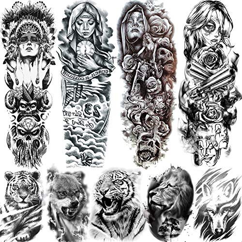Rejaski 9 Sheets Full Arm Nun Girl Temporary Tattoos For Women Men Black