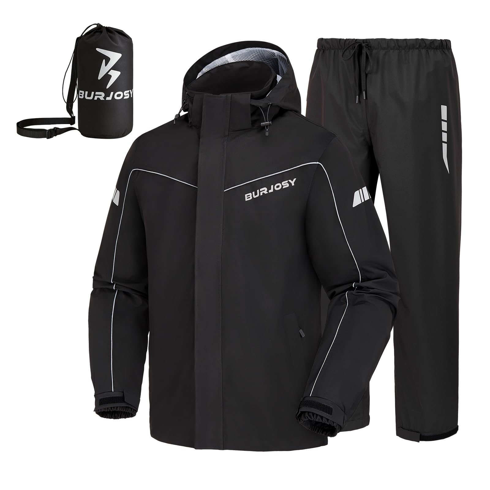 Burjosy Regenanzug Herren, Wasserdicht Regenjacke Regenhose, Packbare Leicht Reflektierende Windjacke mit Kapuze, Atmungsaktiv Fahrrad Regenmantel für Outdoor Wandern Camping