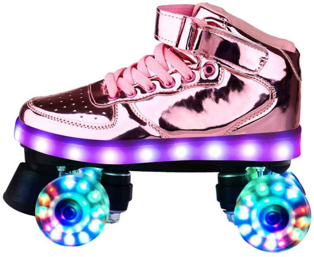 Wsjyp Women's Pink Roller Skates, Classic Quad Roller Skates, Pu Leather Four-Wheel Light Up Skates, For Outdoor Indoor, Beginner Teens Youth Girls Boy,-Uk 9/Eu 44