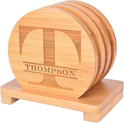 Miniatura 16 de Posavasos de bambú personalizados, posavasos de monograma grabados personalizados con soporte, grandes regalos para familiares, amigos o para ti