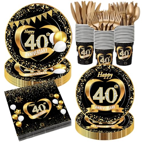Pickmesh 400 Pcs 40th Wedding Anniversary Party Decorations Set Includes 40th Anniversary Plates Napkins Cups Cutlery for Birthday Wedding Party Favors Serves 50 Guests
