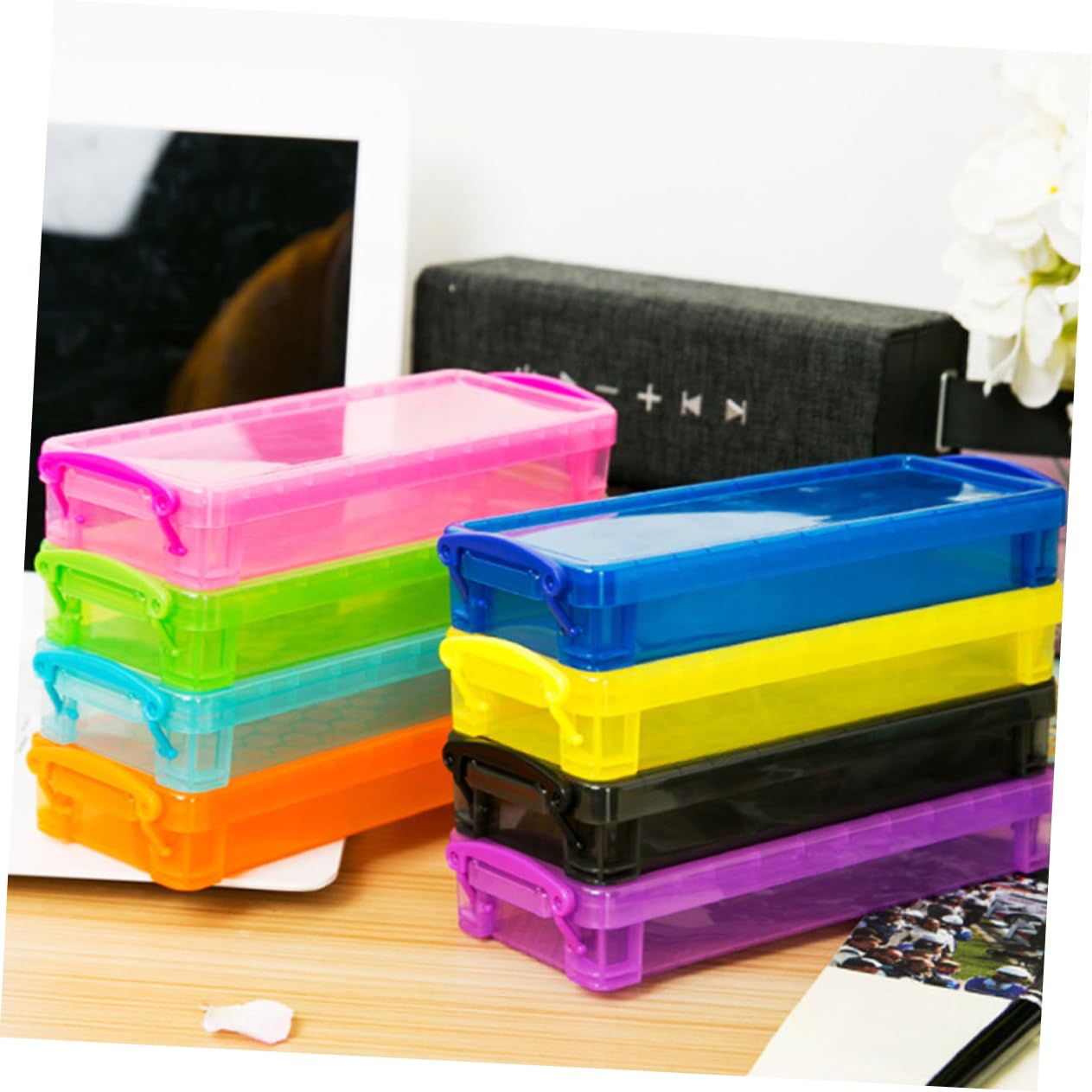 8pezzi Scatola Portapenne in Plastica Organizer Per Matite e Penne Scatola Per Cancelleria Leggera e