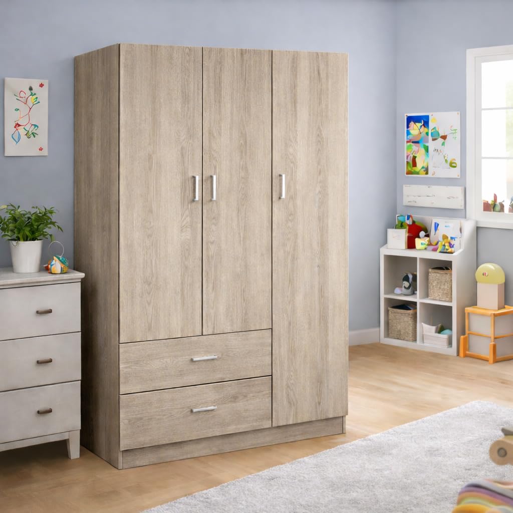 Armadio Guardaroba - 3 Ante, 2 Cassetti, Ripiani, Appendiabiti Alto, Maniglie, Struttura in Legno Truciolare, Spazioso, Salvaspazio, Cabina Armadio Grande - 120 x 52 x 190 cm (Rovere)