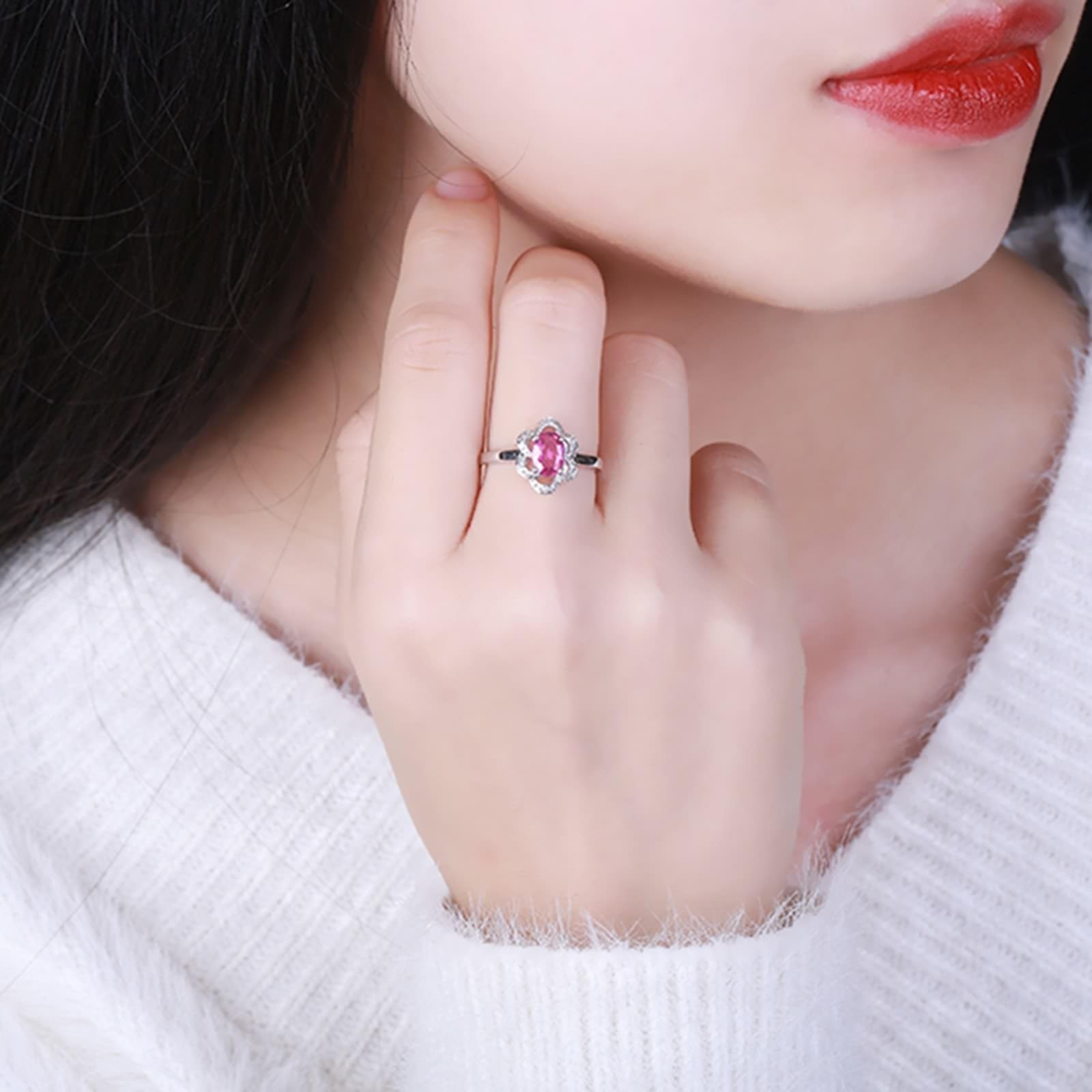 Bague en or blanc 18 carats Au750 avec fleurs et saphir 0,9 carat taille ovale - Alliances avec diamant en or 750 véritable