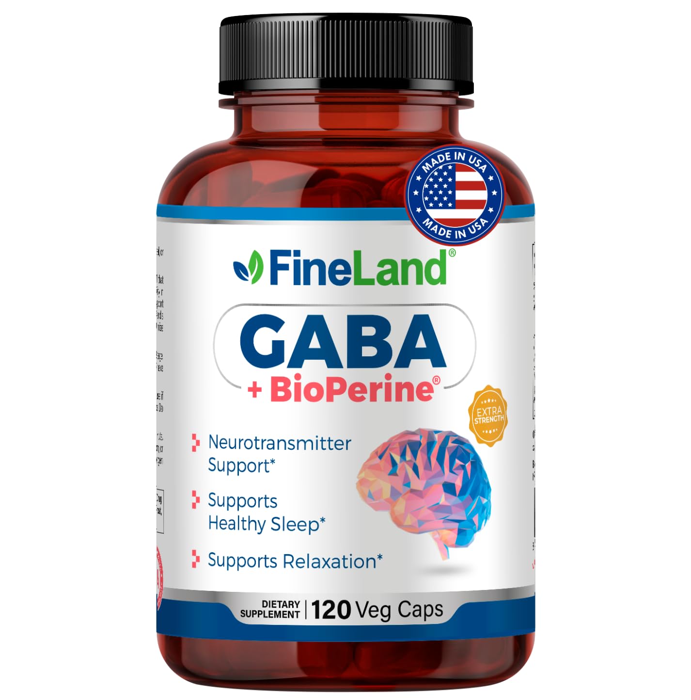 FineLand GABA + BioPerine® – Gamma-Aminobutyric Acid Supplement for Relaxation & Daily Calm | Supports Emotional Well-Being, Vegan – 120 Capsules, Made in USA