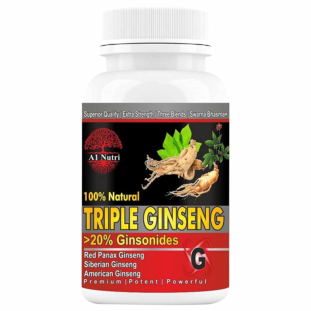 A1NUTRI Triple Ginseng (Red Korean Panax Ginseng, Siberian Ginseng, American Ginseng) with Ashwagandha, Ginkgo Biloba and Swarn Bhasma1500 mg per serving � 60 Sugar Free Tablets