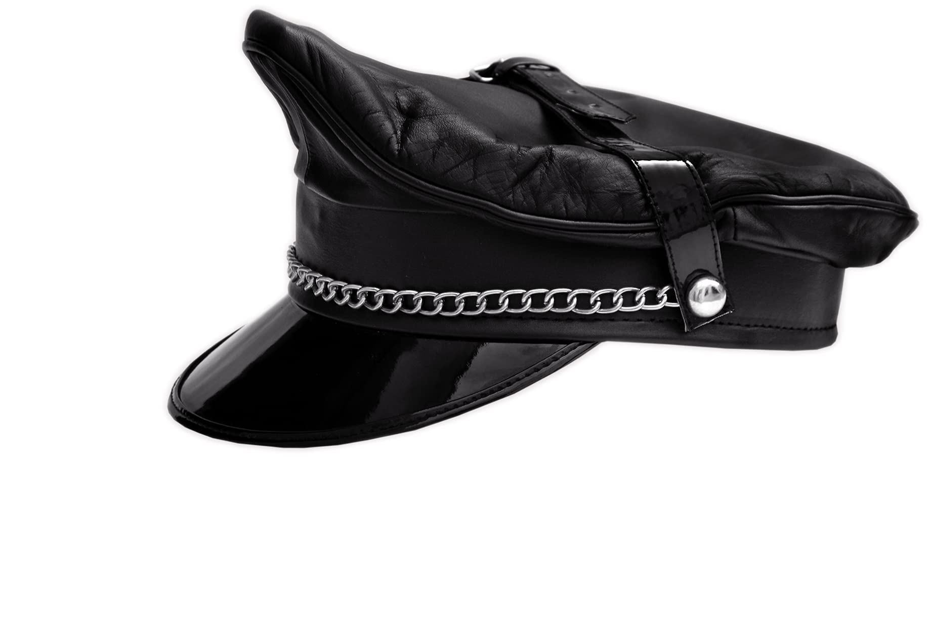 N? Unisex Black Genuine Leather Army Muir Biker Peaked Police Cap Strap Chain (Large)