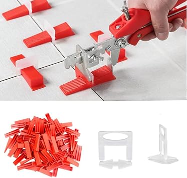 400PCS Tile Leveling System Kits 1.5mm 300pcs Tile Spacers Clip 100pcs Reusable Tile Wedges and 1 Tile Leveling Pliers,Floor Tile Leveling System Tool