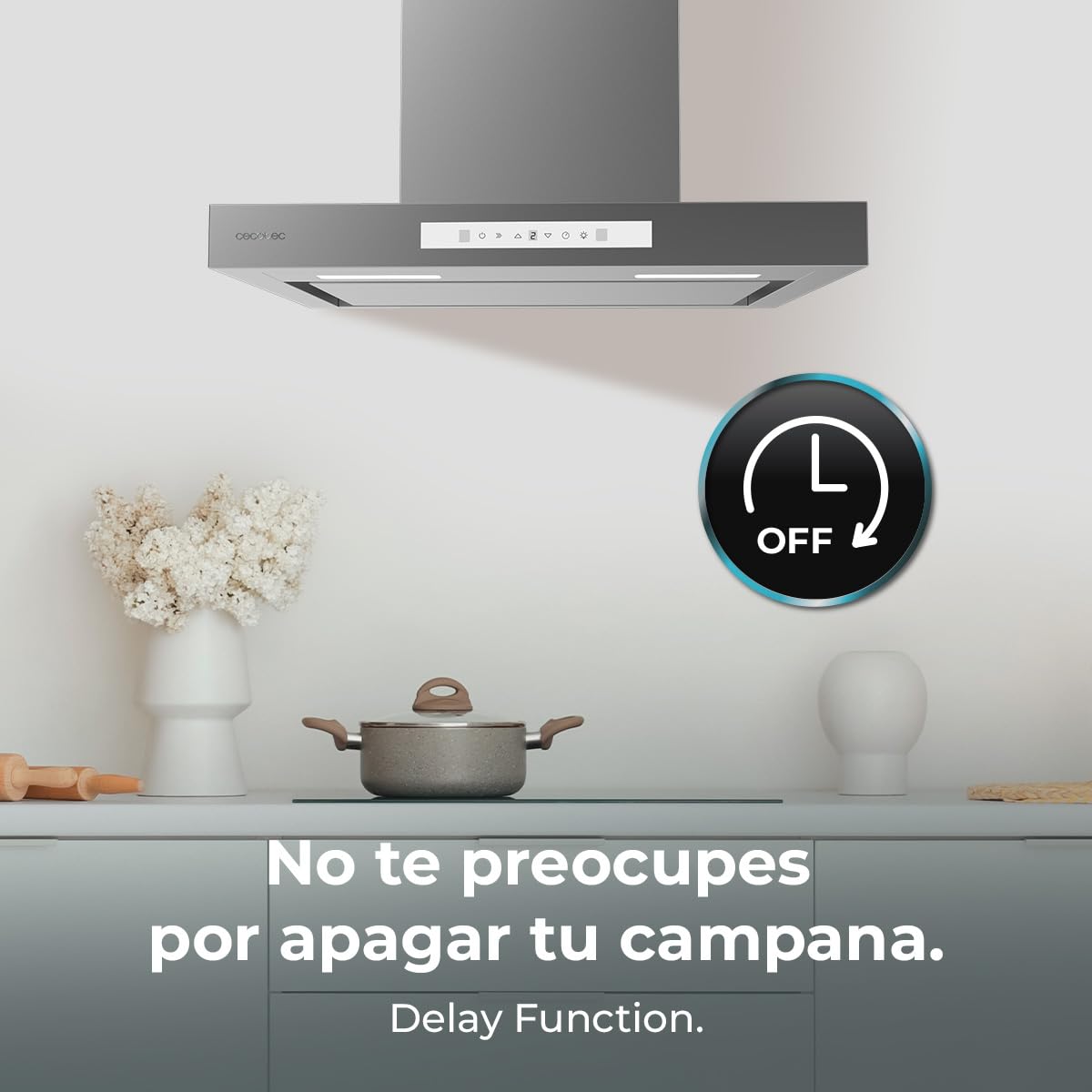 Cecotec Campana Extractora 60cm Tipo T Bolero Flux Tt 608000 Slim Glass White A++. Acabado Acero Inox Succión 800M3/H, Bajo Consumo, Display Táctil, Filtro Carbono, Hand Movement Control