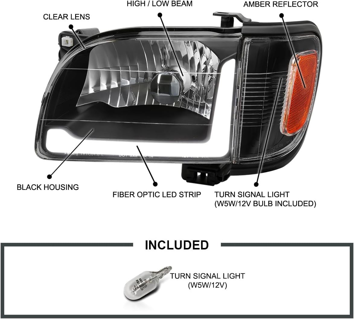 Spec-D Tuning Black LED Tube Headlights + Corner Lights Compatible with 2001-2004 Toyota Tacoma, Left + Right Pair Headlamp Assembly