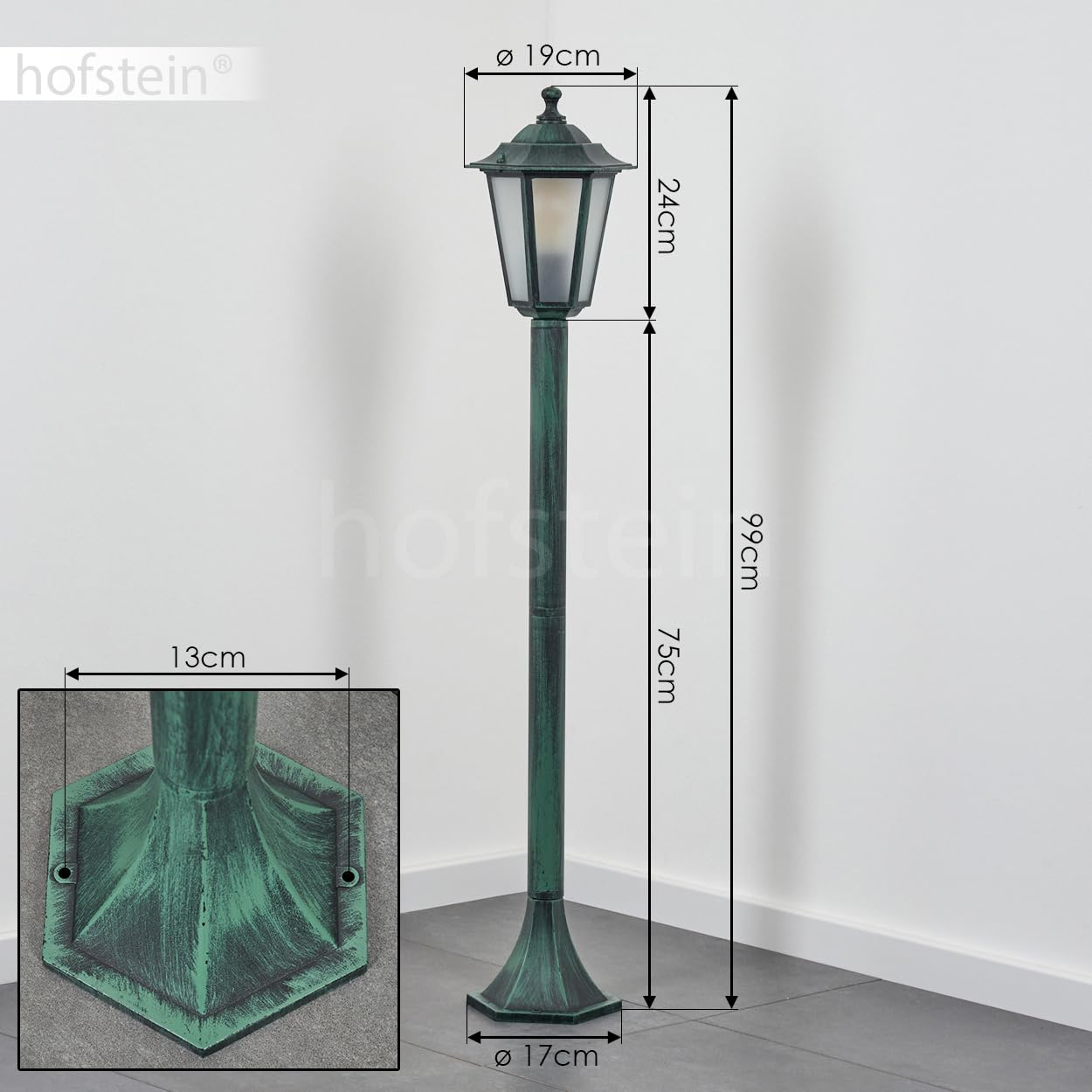 HOFSTEIN Lampa zewnętrzna Loria, oświetlenie ścieżki z metalu/szkła w kolorze zielono-czarnym/białym, lampa zewnętrzna o wyglądzie antycznym, 99 cm, lampa ogrodowa, oświetlenie ogrodowe IP44, 1 x E27,