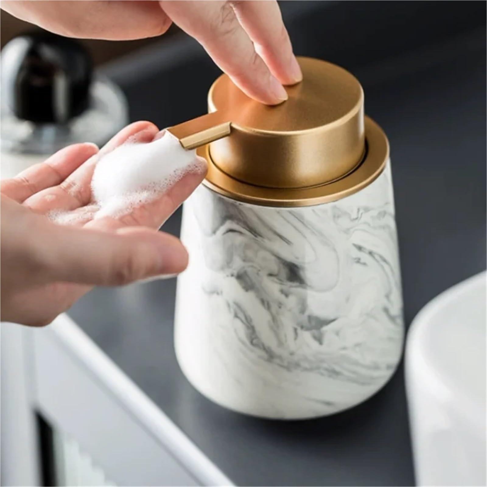 Set De Baño Juego de 4 Piezas baño con diseño mármol cerámica, artículos tocador, Botella loción, jabón, Enjuague bucal, Taza, Juegos Lavado Platos(Gray 4pcs)
