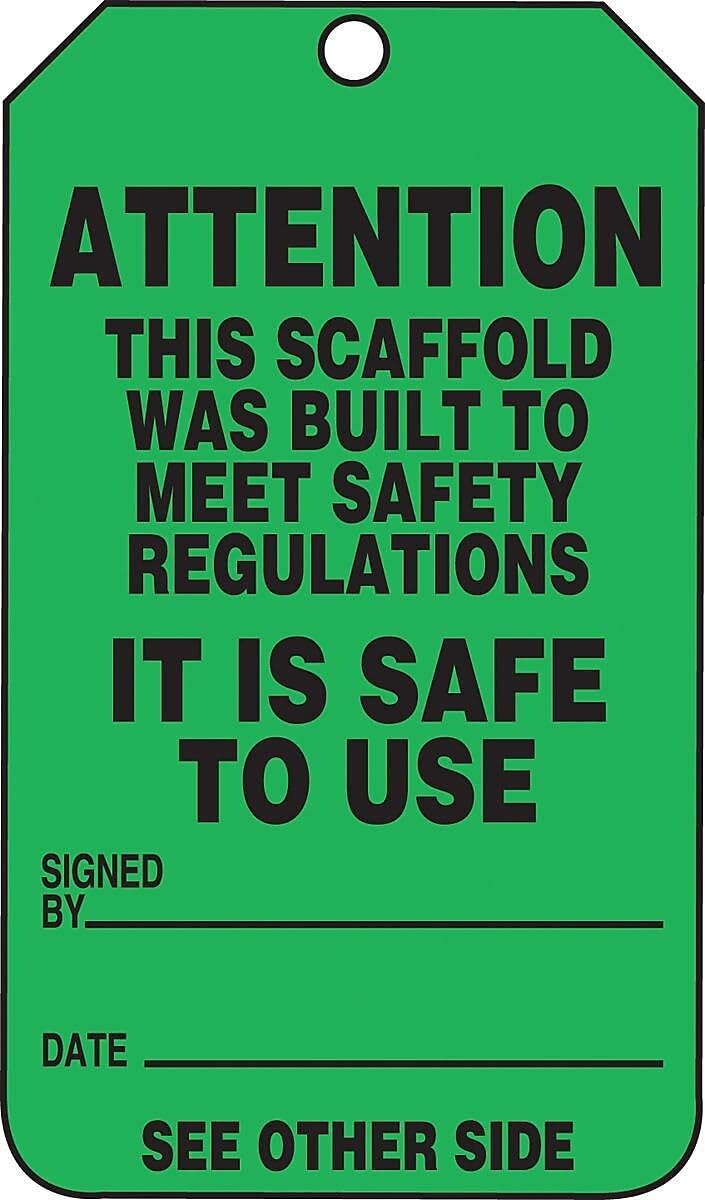 AccuformNMC Scaffold Status Tags, 25 Pack Green Attention Scaffold Safety Tags “Safe to Use”, 5.75” x 3.25”, Durable Waterproof 15-mil Thick Rigid Plastic with Grommet, Made in USA, TRS328PTP