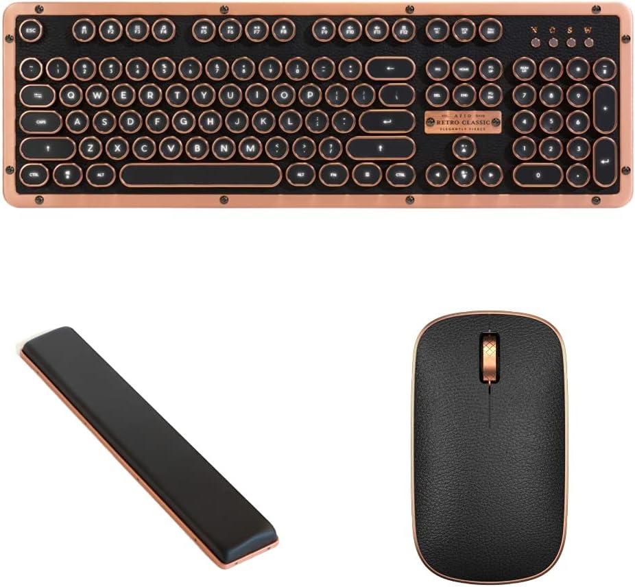 Azio Retro Classic Bluetooth Mechanical Keyboard, Palm Rest and Mouse Bundle