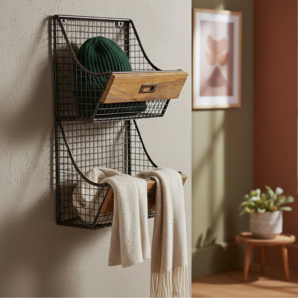 Hängekorb TOKRI 65cm Metall & Mangoholz Natur Wandregal Aufbewahrung