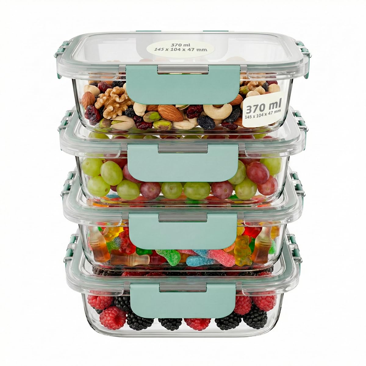 Amig Green - Set Of 4 Rectangular Airtight Glass Food Containers - Capacity: 370 Ml - 145 X 104 X 47 Mm - Glass Containers For Microwave, Oven, Freezer And Dishwasher - Colour