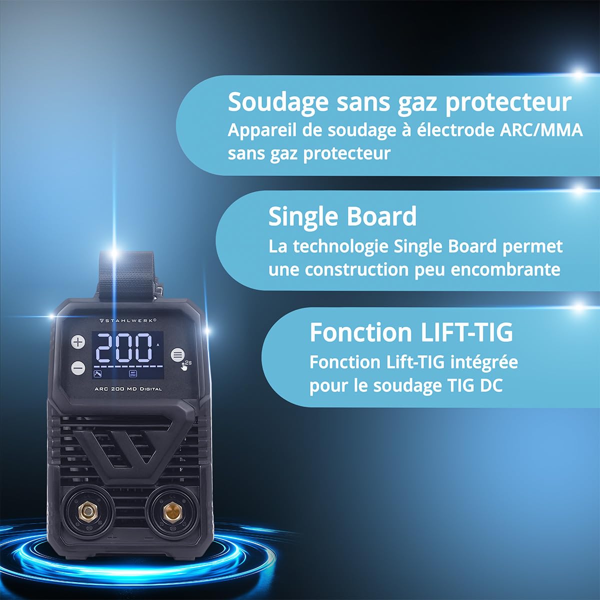 STAHLWERK Poste à souder à l'électrode ARC 200 MD Digital – MMA & Lift-TIG (DC) jusqu'à 200 A, utilisation flexible sans gaz, ARC-Force, Hotstart, Anti-Stick, Smart Cooling & protection surchauffe