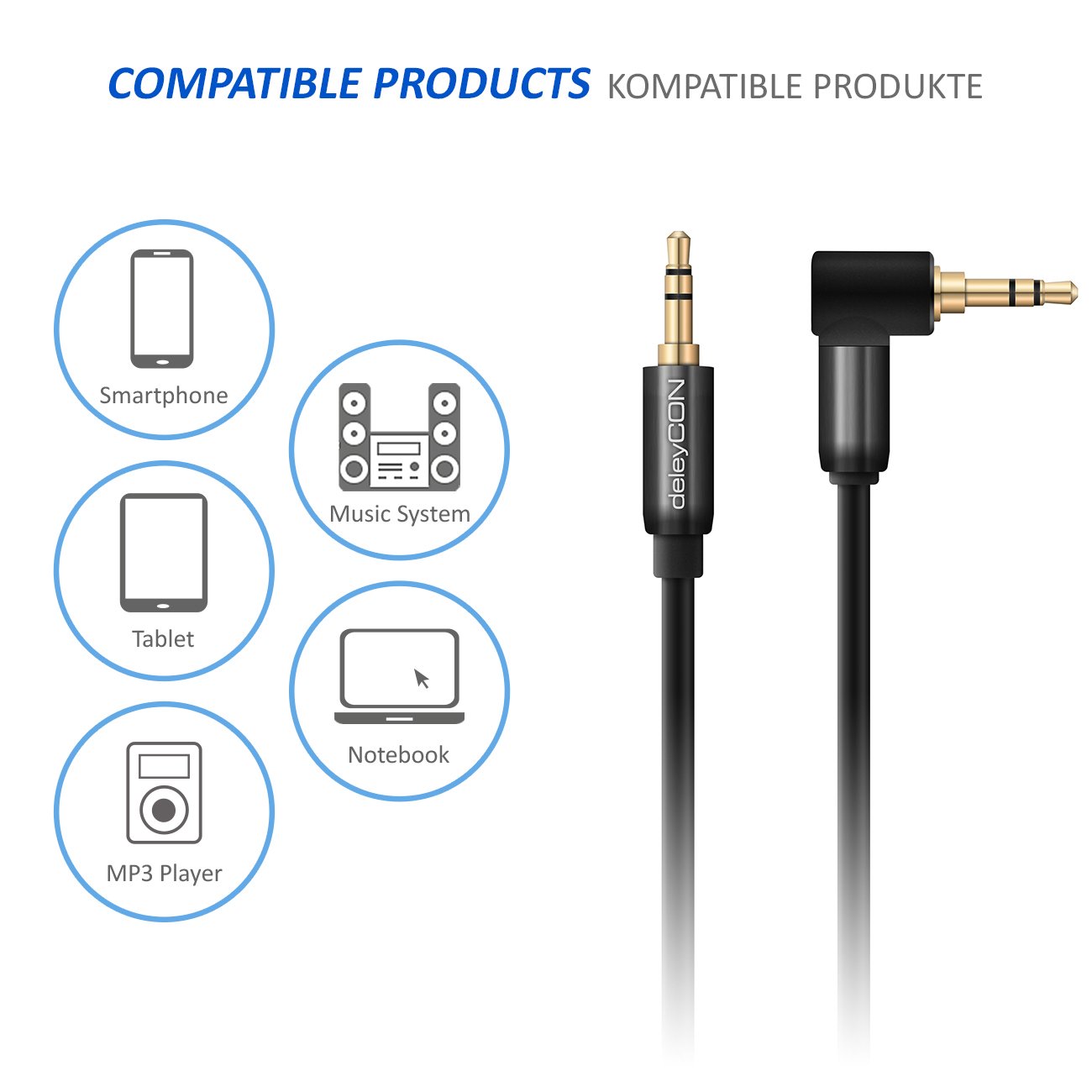 deleyCON 2m Kabel Audio Stereo AUX Spiralny - Jack 3,5 mm Wtyk na Jack 3,5 mm Pod Kątem 90° - Pozłacane Złącza - Kompatybilny z Odtwarzaczem MP3, Smartfonem, Tabletem, TV, Hi‑Fi