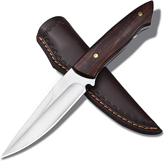 AUBEY Full Tang Fixed Blade Hunting Knife, 4.7 inch 440 Steel Blade Survival Knife with Leather Sheath Wood Handle, Father's Day Gift for Men