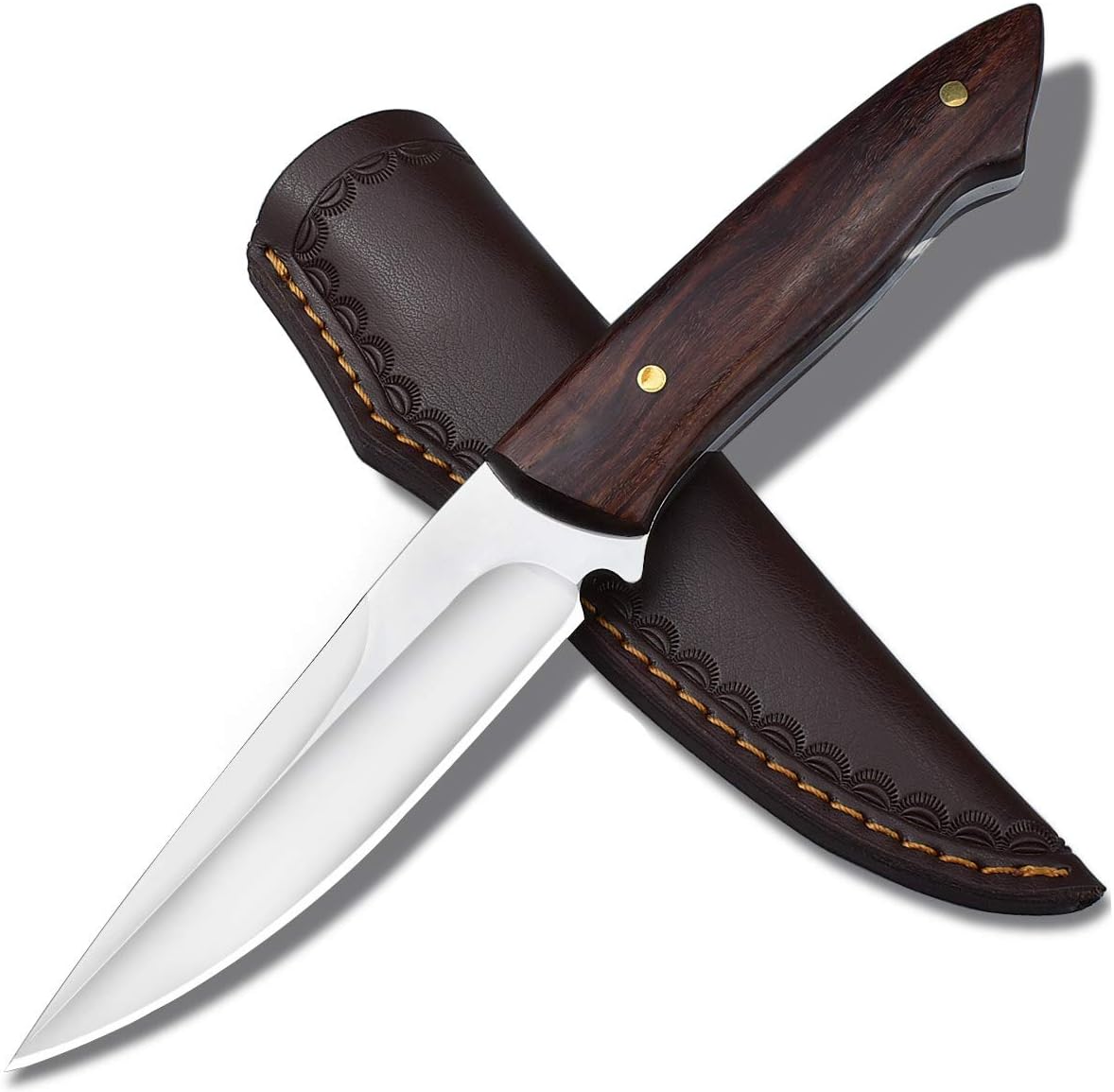 AUBEY Full Tang Fixed Blade Hunting Knife, 4.7 inch 440 Steel Blade Survival Knife with Leather Sheath Wood Handle, Father's Day Gift for Men