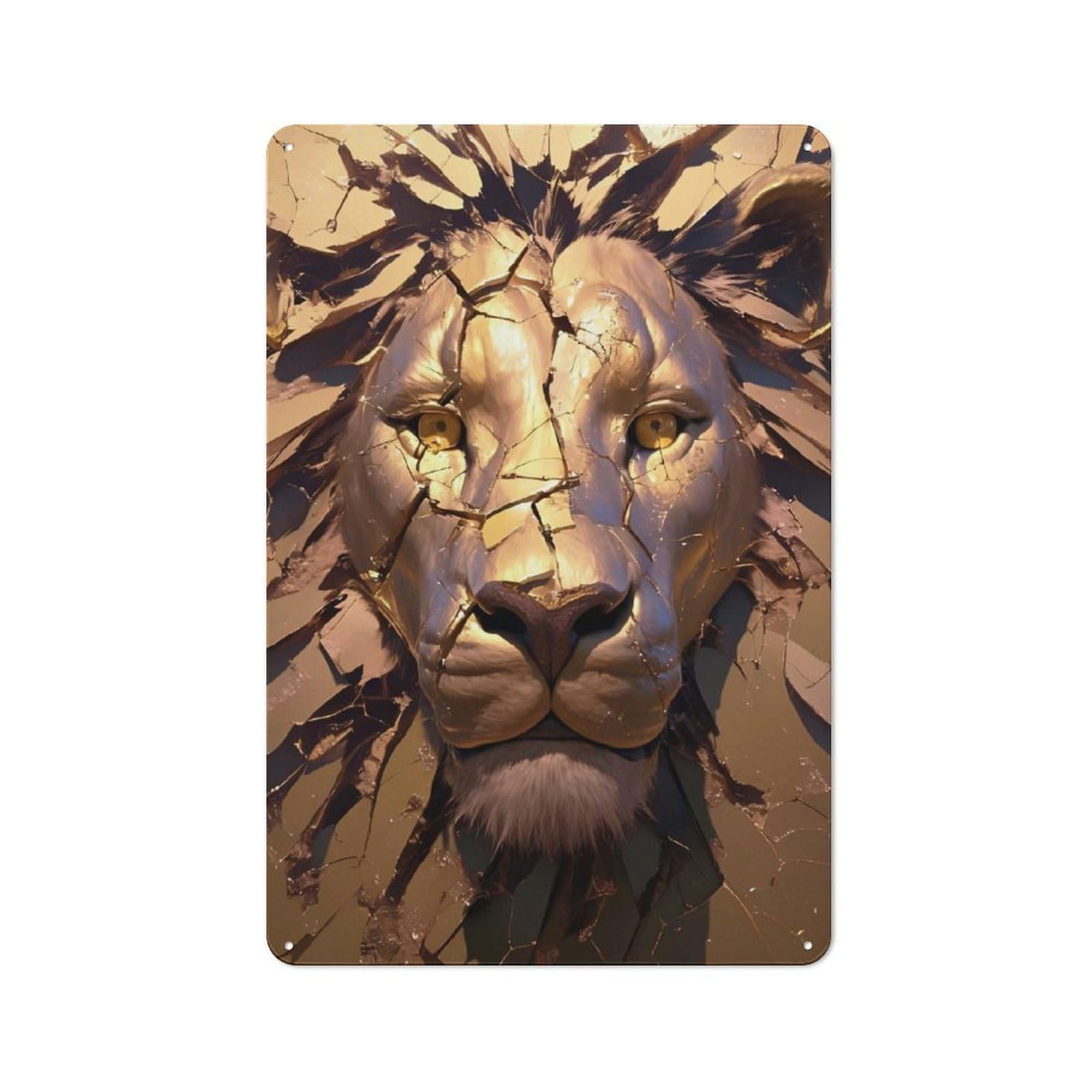 Junmoney Style-10 Rustic Tin Sign 30X20cm Featuring Golden Lion Head With Cracks For Garage Or Workshop, For Garage, Workshop And Man Cave Decoration