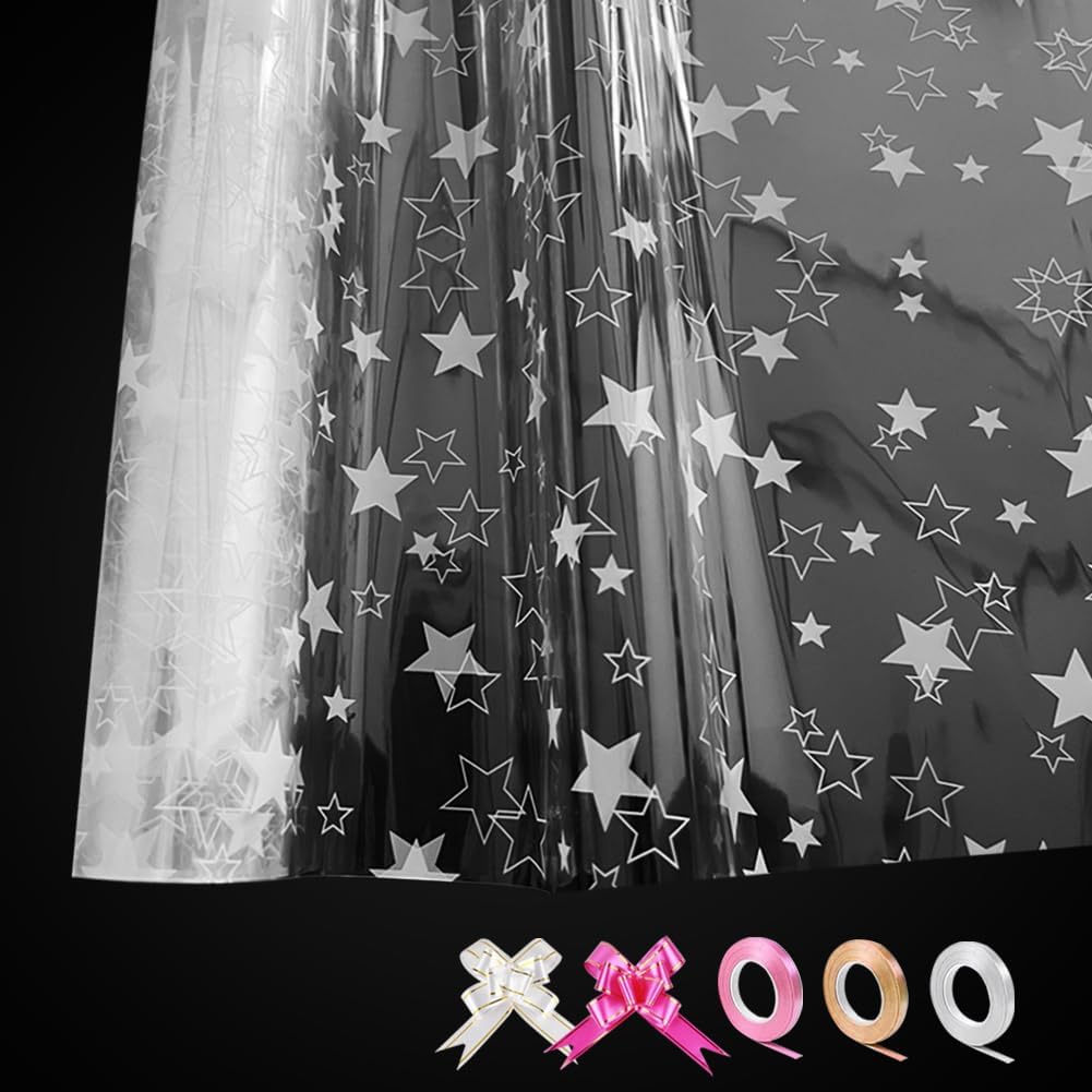 Cellophane Wrap for Hampers 80cmx20m Double Folded Star Clear Cellophane Wrapping Roll with 20 Pull Bows 3 Ribbons For Christmas Birthday Baskets Hampers Flower Gift Wrapping