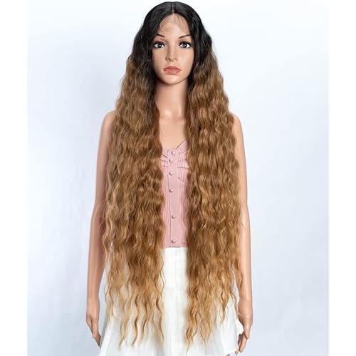 Joedir Lace Front Wigs 38" Super Long Wavy Synthetic Wig 4.5" Deep Part HD Transparent Lace With Baby Hair For Women 130% Density Wigs(Ombre Black to Honey Color)