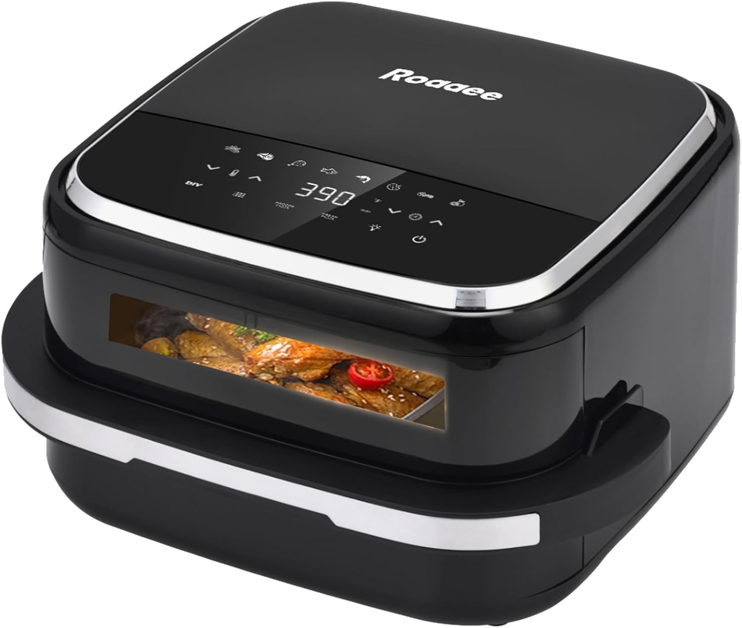 Forno per pizza e friggitrice ad aria, 4,3 l, 11 in 1, con tecnologia di flusso d'aria superiore e inferiore, display digitale, grande finestra di visualizzazione, piastra grill, fino a 32 ali di