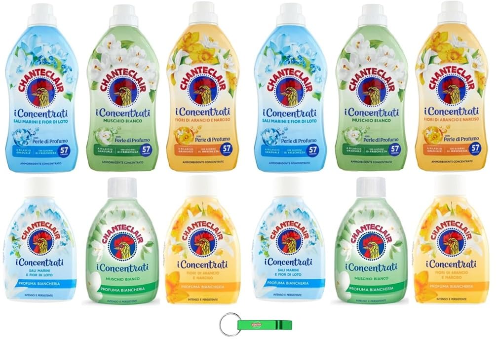 Chanteclair I Paquete de prueba concentrado, 6 suavizantes de 1140 ml + 6 perfumes para ropa de 220 ml / 3 fragancias diferentes + llavero Beni Culinari gratis