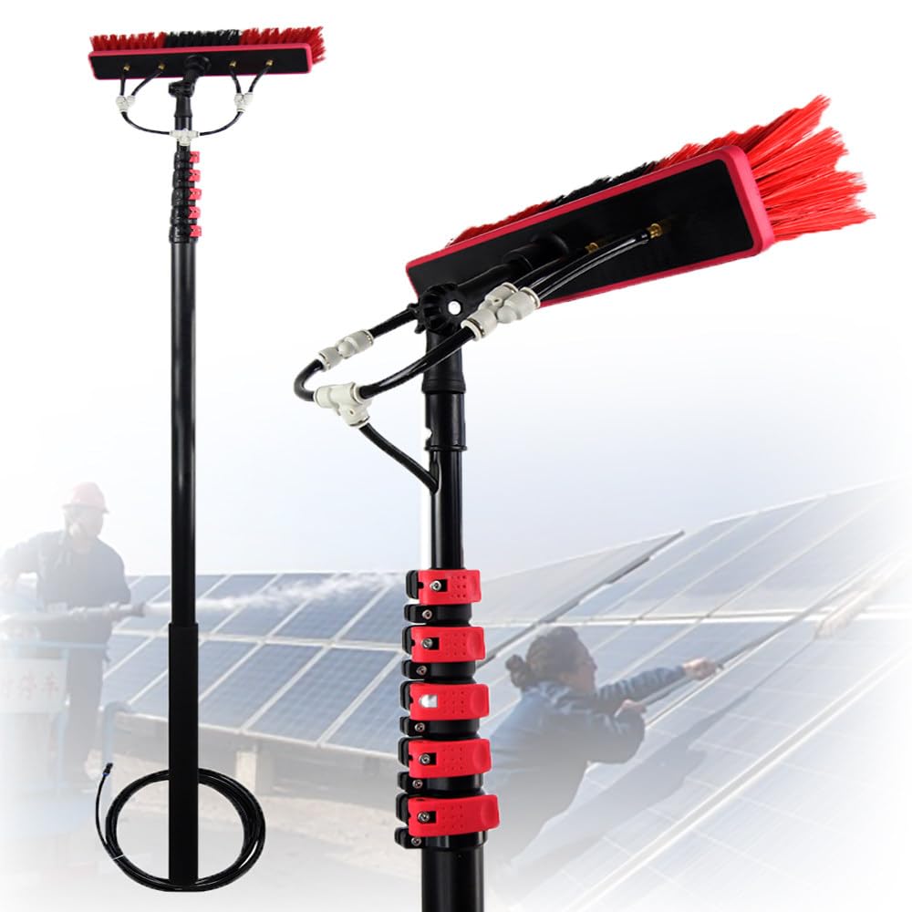 Herramienta de limpieza de paneles solares, poste extensible ajustable con cabezal de cepillo giratorio de 35 cm, limpiador de ventanas alimentado por agua para altura, alcance 3,6 m