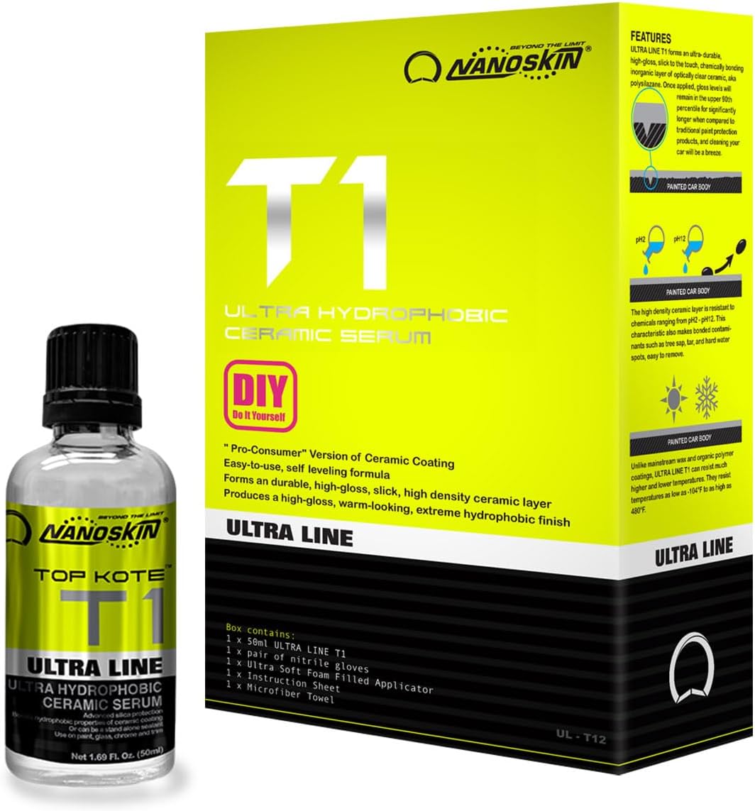 Nanoskin T1 Ultra Hydrophobic Ceramic Serum, 45-Minute DIY SiO2 Car Coating Kit, Self-Leveling & High-Gloss Sealer, Easy Application for Cars, Trucks, Boats, Motorcycles, Use After Car Wash & Clay
