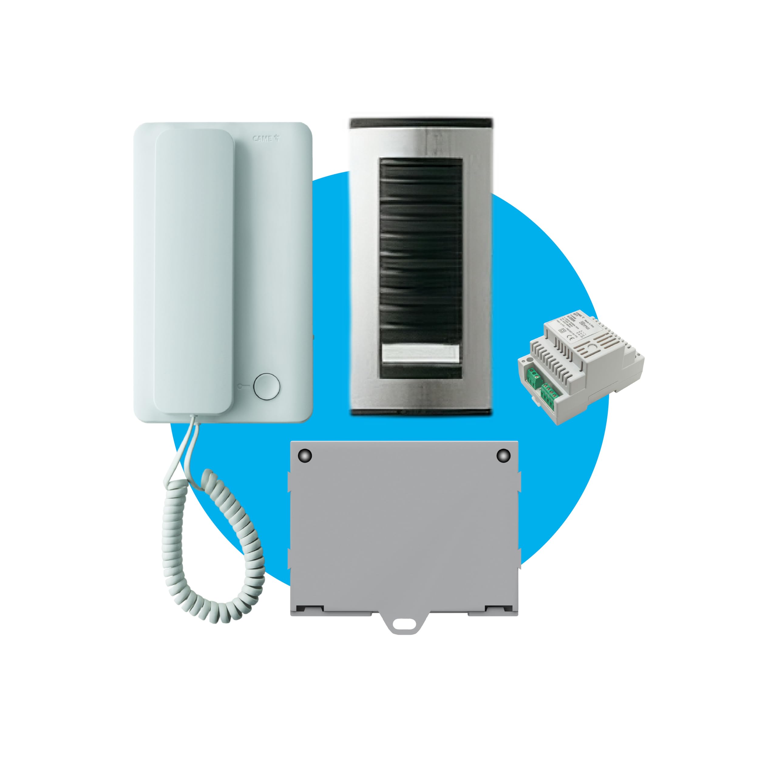 CAME Kit Citofonico AGT monofamiliare espandibile, completo di citofono interno a cornetta bianco AGT A200, unità esterna grigia HA/200, placca citofonica a un pulsante, base da parete, alimentatore