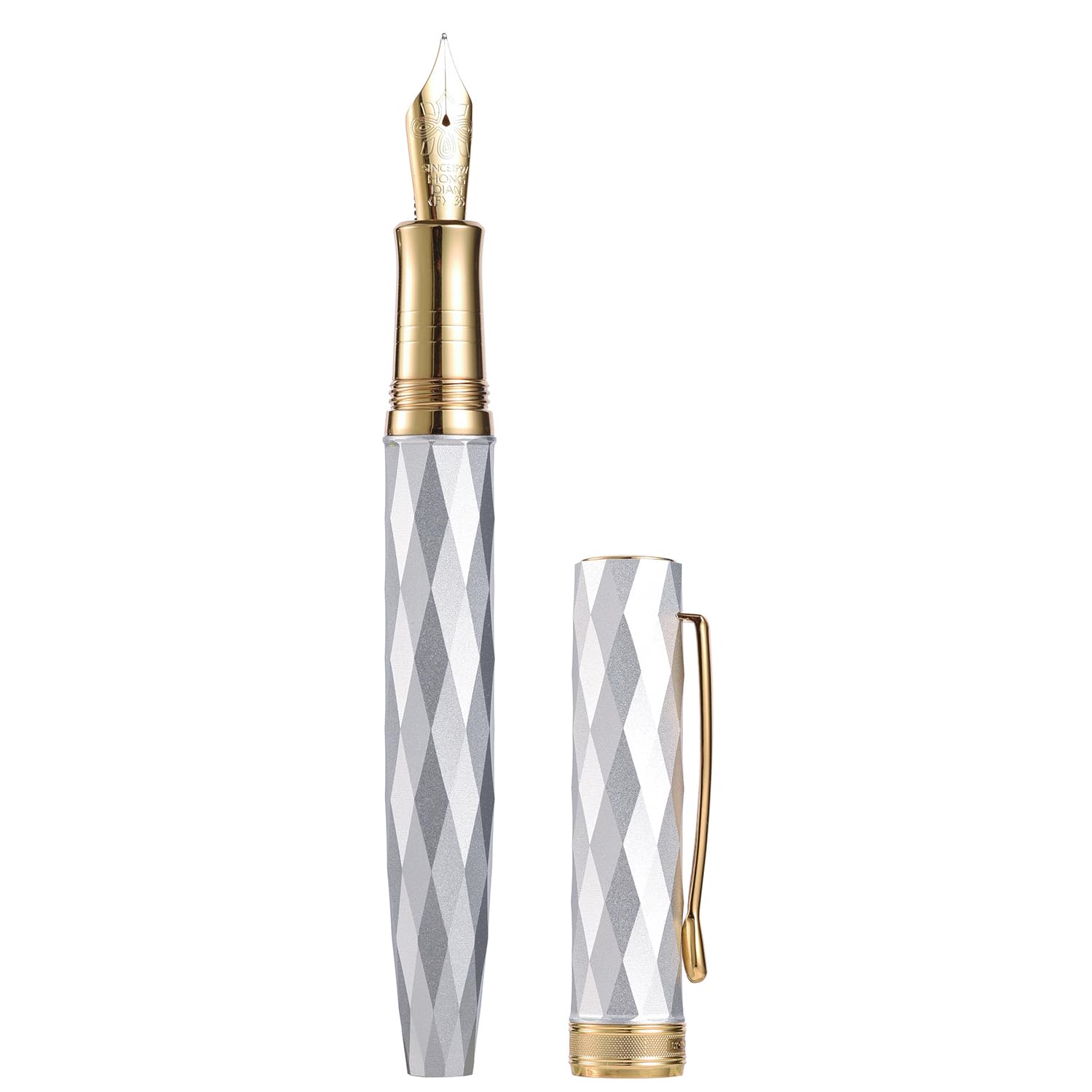 HONG DIAN N11 Fountain Pen, Gold-Coated Extra Fine Soft Nib, Platinum Silver & Lozenge Geometric Design with Metal Case Set
