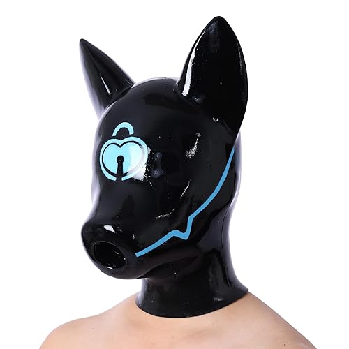 SMITIZEN Latex-like Silicone Drone Dog Mask, Shiny Full Face Rubber Hood, Breathable Gas Mask Puppyplay Gear Furry Fetish Art - Blue-long Ears