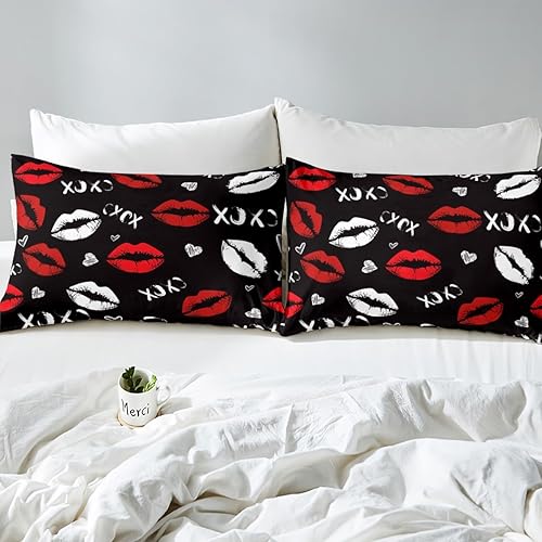 Miniatura 8 de Juego de sábanas bajeras de labios rojos femeninos para niñas y mujeres, juego de sábanas con estampado de lápiz labial blanco, juego de sábanas