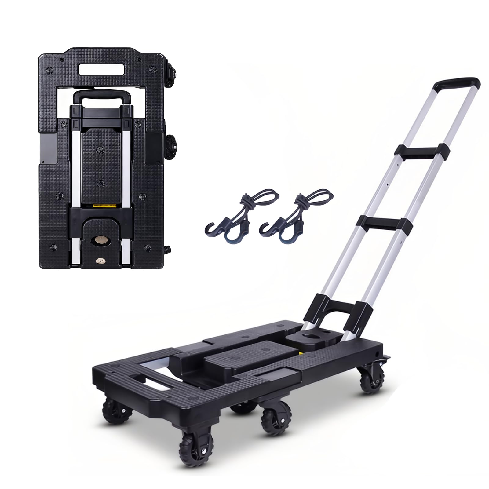 Carretilla De Carga con 7 Ruedas, Carro De Mano Plegable De Aluminio y 360° con Frenos - Transpaleta Manual Compacta Y Chasis Ajustable para Uso Industrial, Almacenes Y Logística (A-Negro)