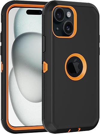 for iPhone 15 Case, with Built in Screen Protector Heavy Duty Drop Protection,Full Body 3 Layer Rugged Shockproof Dust Proof Tough Protective Phone Cover for Apple iPhone 15 Black/Orange
